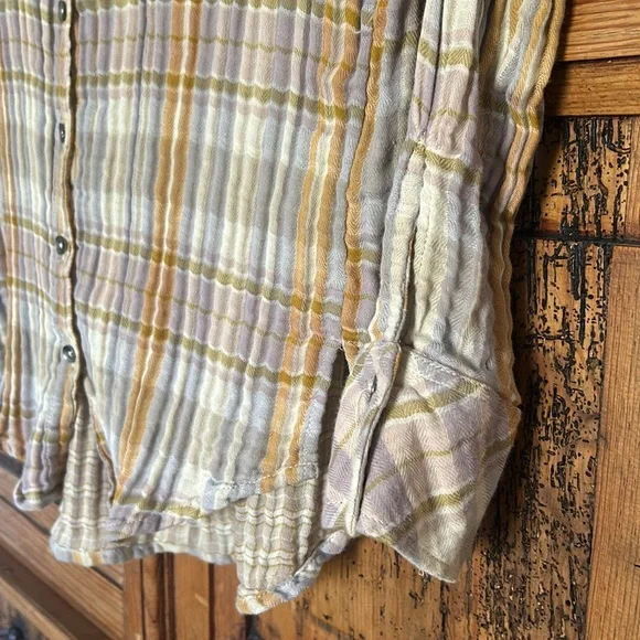 Free People Magical Plaid Button Top Blouse Shirt Yellow Floral Embroidered - Picture 7 of 12